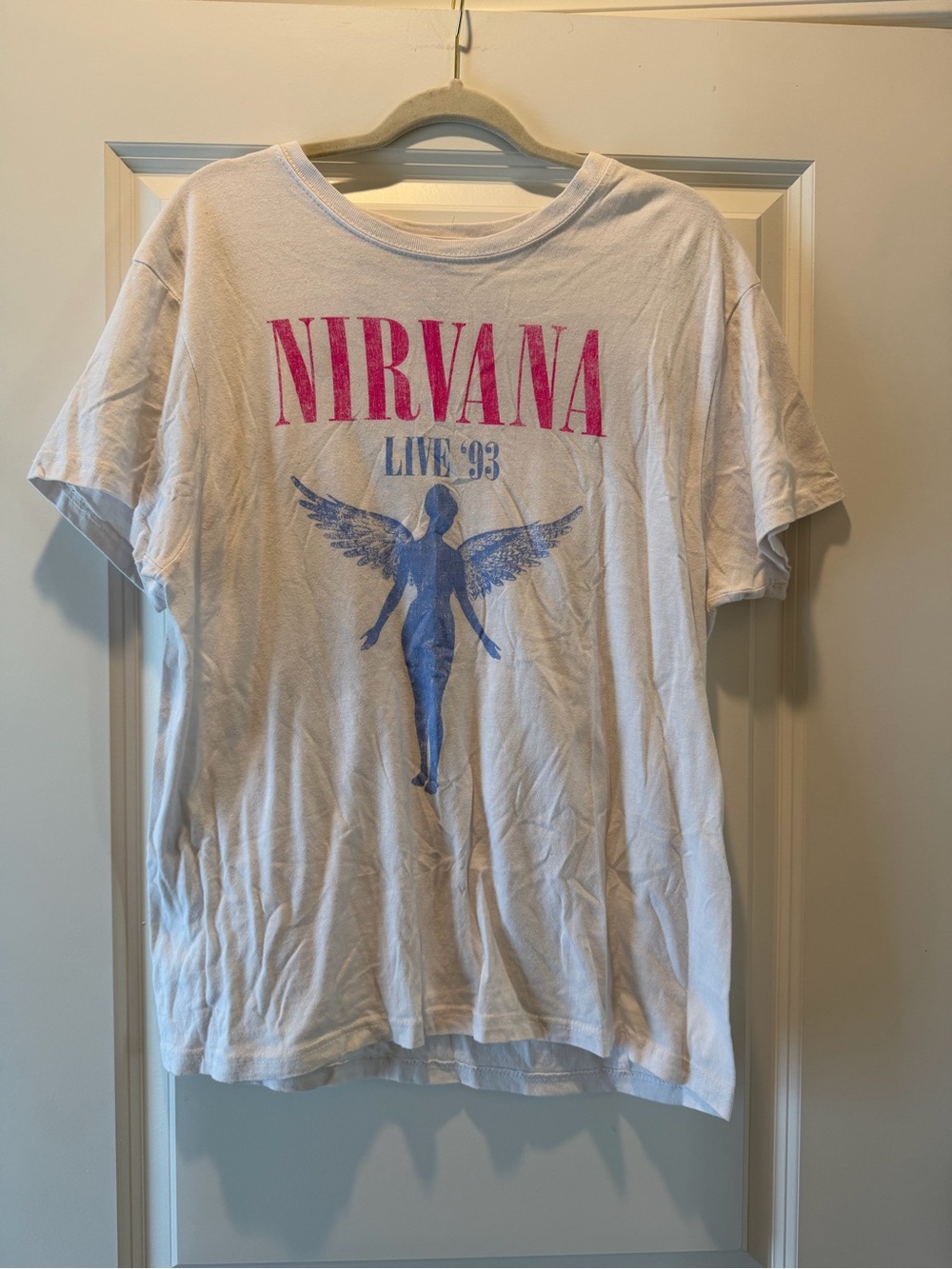 NIRVANA White Tee with Pink Logo and Blue Angel Graphic